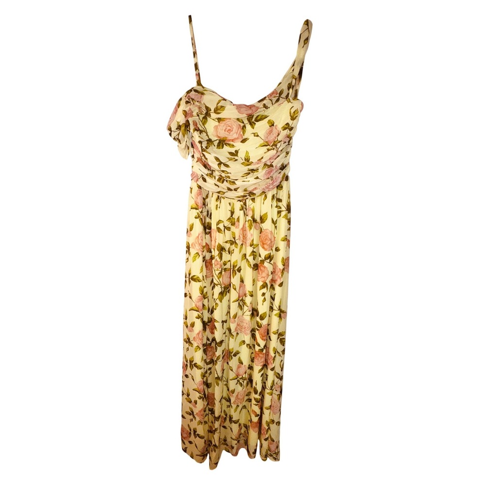 Yellow Pink Rose Floral Ruched Sweetheart Maxi Dress Large Feminine Garden Sexy